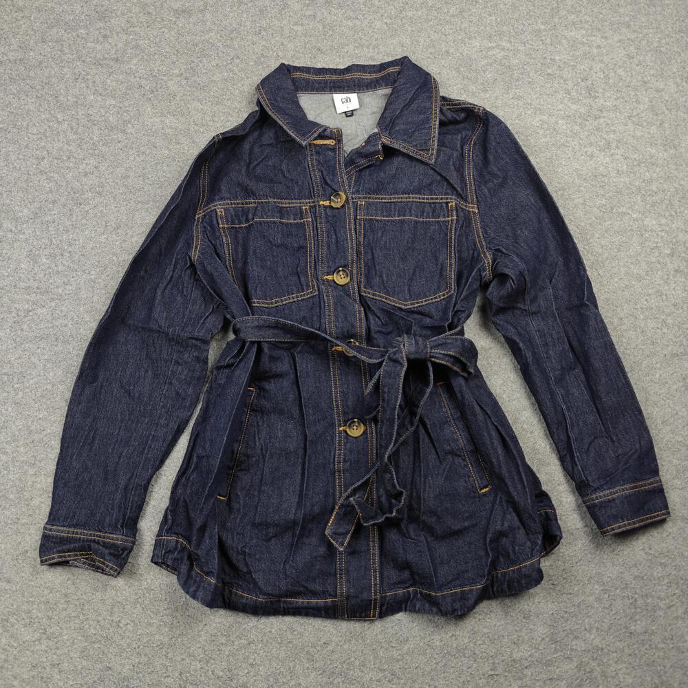 CAbi Jacket Womens Large Blue Denim Belted Collared Pockets Unlined Casual